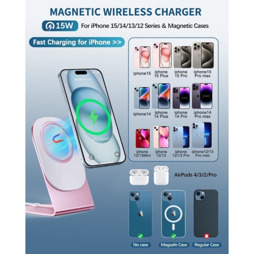 Magnetic Wireless Charger Mag-Safe Charger for iPhone 15/14/13/12 Series Convertible Magnet Wireless Charging Stand/Pad with 20W Adapter 5ft Cable