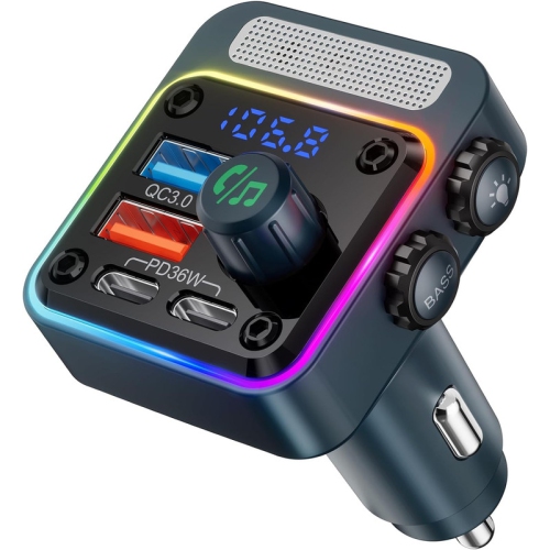 54W Bluetooth 5.3 Car Adapter with 4 Charging Ports [PD 36W & QC3.0 18W], Wireless Radio FM Transmitter with Deep Bass Player & 5 Colors LED Backlit,