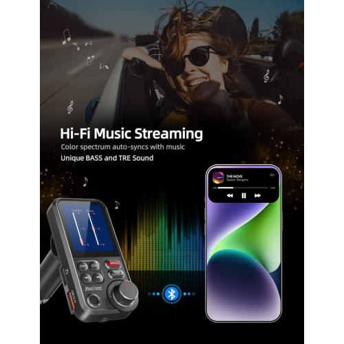 Car Bluetooth Transmitter, Strong Microphone Bluetooth Car Radio Adapter with 1.8" Color Screen for Hands Free Calls, Supports QC3.0 Charging, Treble