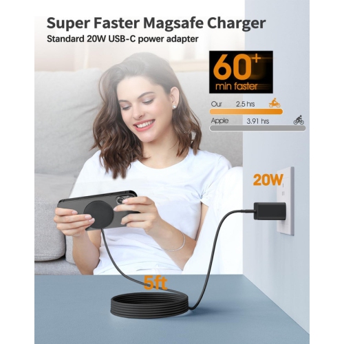 Magnetic Wireless Charger Mag-Safe Charger for iPhone 15/14/13/12 Series Convertible Magnet Wireless Charging Stand/Pad with 20W Adapter 5ft Cable