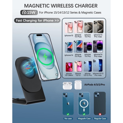 Magnetic Wireless Charger Mag-Safe Charger for iPhone 15/14/13/12 Series Convertible Magnet Wireless Charging Stand/Pad with 20W Adapter 5ft Cable