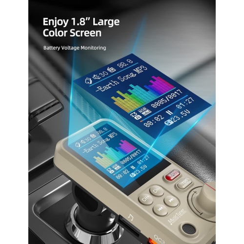 FM Bluetooth Transmitter for car, Strong Microphone Bluetooth Car Adapter with 1.8" Color Screen for Hands Free Calls, Supports QC3.0 Charging,