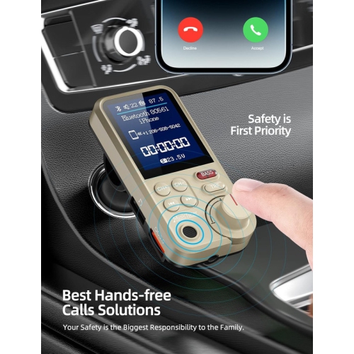 FM Bluetooth Transmitter for car, Strong Microphone Bluetooth Car Adapter with 1.8" Color Screen for Hands Free Calls, Supports QC3.0 Charging,