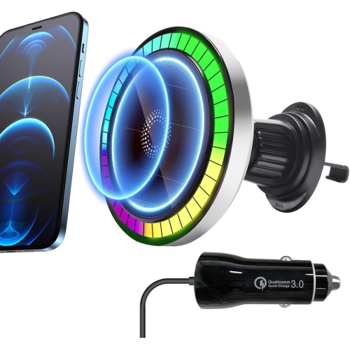 Image 1 de 8.. Magnetic Phone Car Mount with Light Car Phone Holder Wireless Charger with 18W Adapter Air Vent Wireless Car Charger 360° Adjustable Rotation Fast