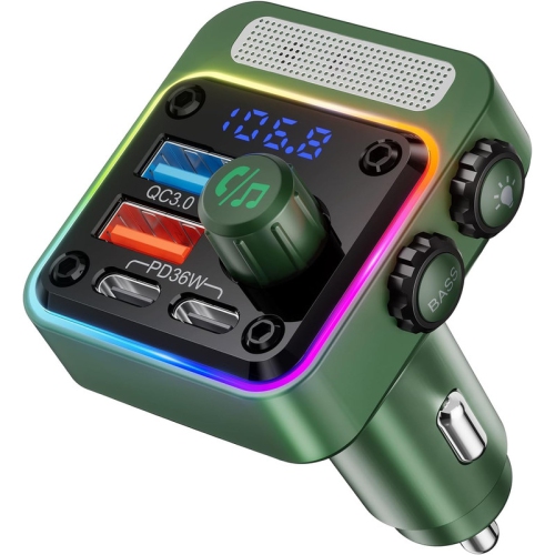 Image 1 of 8.. 54W Bluetooth 5.3 Car Adapter with 4 Charging Ports [PD 36W & QC3.0 18W], Wireless Radio FM Transmitter with Deep Bass Player & 5 Colors LED Backlit,