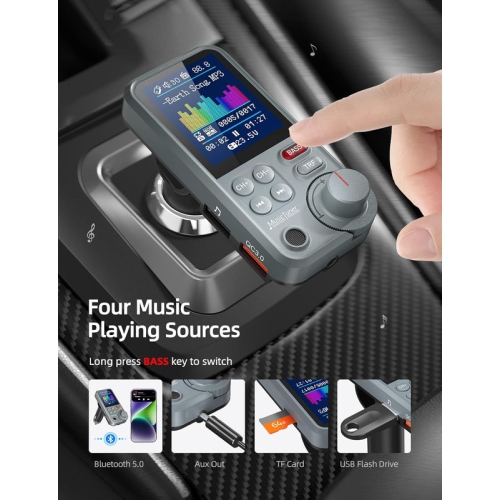 Car Bluetooth Transmitter, Strong Microphone Bluetooth Car Radio Adapter with 1.8" Color Screen for Hands Free Calls, Supports QC3.0 Charging, Treble