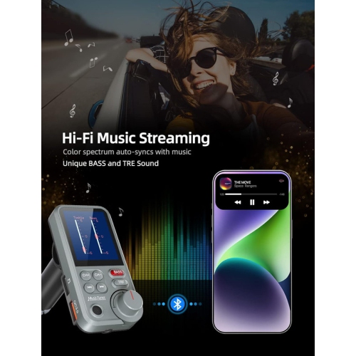 Car Bluetooth Transmitter, Strong Microphone Bluetooth Car Radio Adapter with 1.8" Color Screen for Hands Free Calls, Supports QC3.0 Charging, Treble
