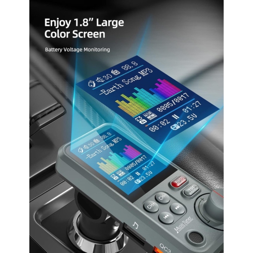 Car Bluetooth Transmitter, Strong Microphone Bluetooth Car Radio Adapter with 1.8" Color Screen for Hands Free Calls, Supports QC3.0 Charging, Treble