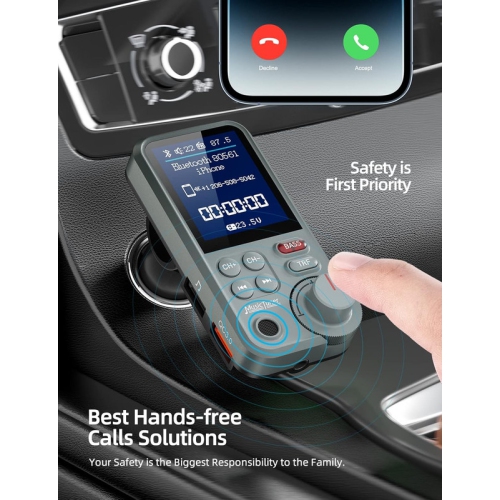 Car Bluetooth Transmitter, Strong Microphone Bluetooth Car Radio Adapter with 1.8" Color Screen for Hands Free Calls, Supports QC3.0 Charging, Treble