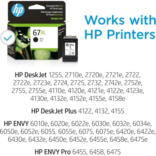 HP 67XL 67 XL Black High-Yield Ink Cartridge - Compatible with DeskJet 1255, 2700, 4100 Series & Envy 6000, 6400 Series | 3YM57AN