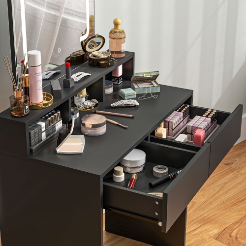 HOMCOM Makeup Vanity Desk with Mirror and Lights, for Bedroom, Modern LED Lighted Dressing Table with 2 Storage Drawers, 3 Compartments, 3 Lighting