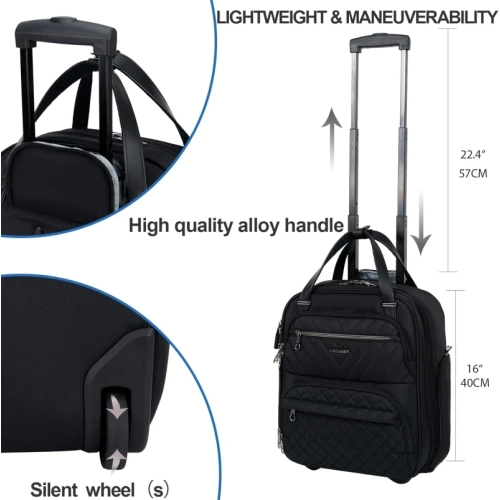 Lightweight 16-Inch Carry-On Underseat Luggage for Women - Multi-Functional Overnight Suitcase, Black