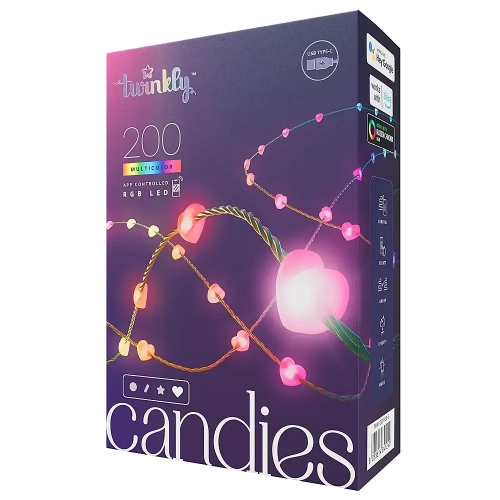 Twinkly - Candies Heart Shaped 100 RGB LED Smart Light String Clear Wire USB-C - Multicolor