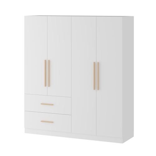 Famapy Multi-Functional Wardrobe Armoire with Hanging Rod, Shelves, and Two Large Drawers for Organized Bedroom Storage White