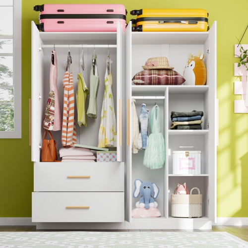 Famapy Multi-Functional Wardrobe Armoire with Hanging Rod, Shelves, and Two Large Drawers for Organized Bedroom Storage White
