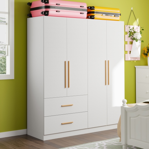 Famapy Multi-Functional Wardrobe Armoire with Hanging Rod, Shelves, and Two Large Drawers for Organized Bedroom Storage White