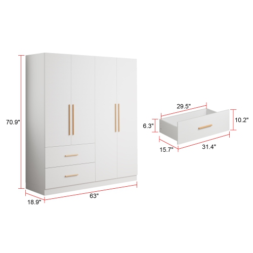 Famapy Multi-Functional Wardrobe Armoire with Hanging Rod, Shelves, and Two Large Drawers for Organized Bedroom Storage White