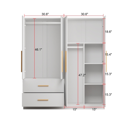 Famapy Multi-Functional Wardrobe Armoire with Hanging Rod, Shelves, and Two Large Drawers for Organized Bedroom Storage White