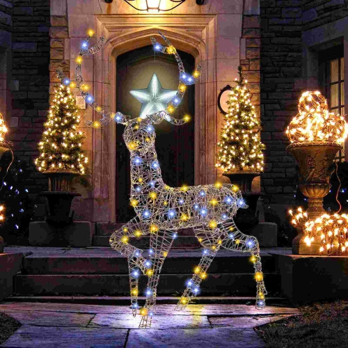 Costway 4.6 FT Pre-Lit Christmas Reindeer with 300 Bright LED Lights Zip Ties Ground Stakes