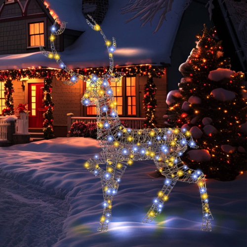 Costway 4.6 FT Pre-Lit Christmas Reindeer with 300 Bright LED Lights Zip Ties Ground Stakes