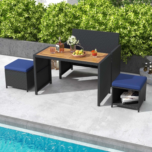Costway 4 PCS Outdoor Dining Set, Rattan Loveseat Chair & 2 Ottomans