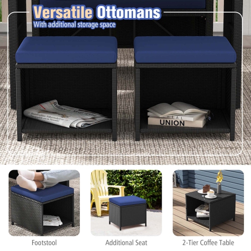 Costway 4 PCS Outdoor Dining Set, Rattan Loveseat Chair & 2 Ottomans