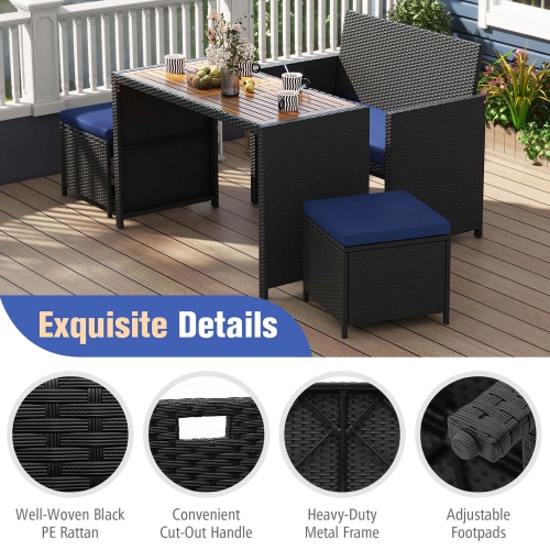 Costway 4 PCS Outdoor Dining Set, Rattan Loveseat Chair & 2 Ottomans