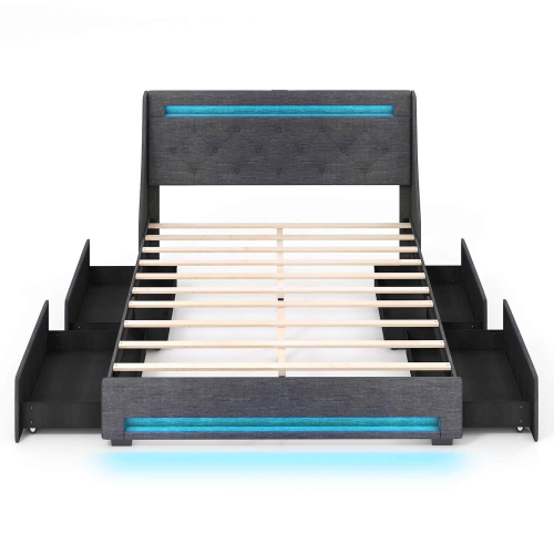 Costway Queen Size Bed Frame with LED Lights & Charging Station Upholstered Platform Bed