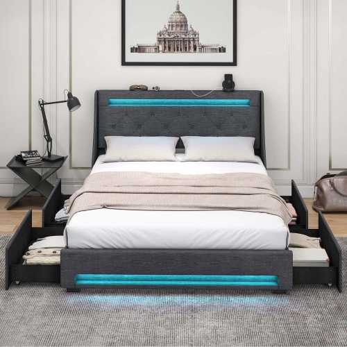 Costway Queen Size Bed Frame with LED Lights & Charging Station Upholstered Platform Bed