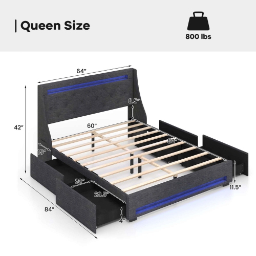 Costway Queen Size Bed Frame with LED Lights & Charging Station Upholstered Platform Bed