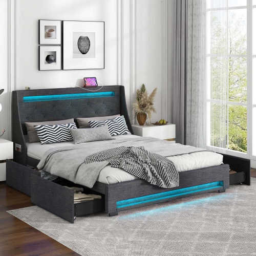 Costway Queen Size Bed Frame with LED Lights & Charging Station Upholstered Platform Bed