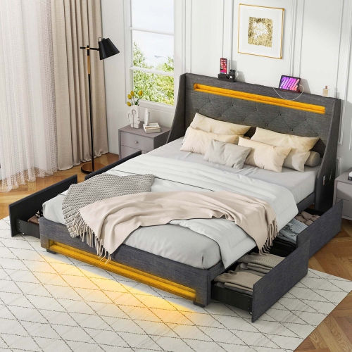 Costway Queen Size Bed Frame with LED Lights & Charging Station Upholstered Platform Bed