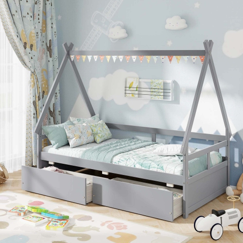 Lit de maison jumeau avec barrière de sécurité au toit de Costway, 2 tiroirs de rangement, support de lattes en bois