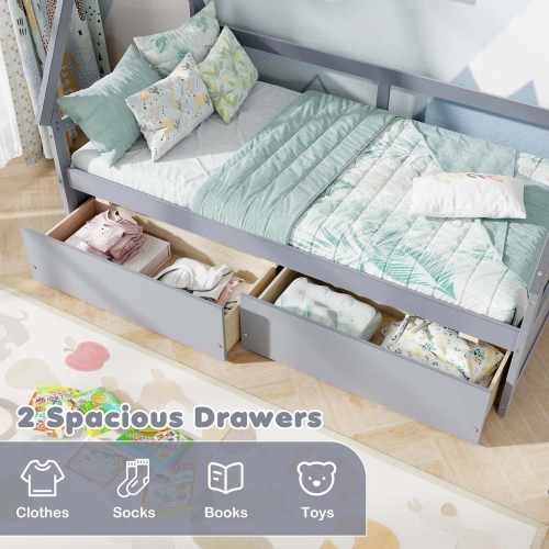 Lit de maison jumeau avec barrière de sécurité au toit de Costway, 2 tiroirs de rangement, support de lattes en bois