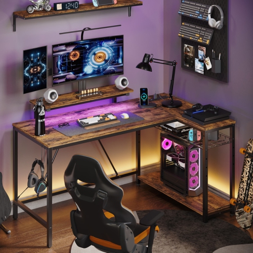 Bestier 52'' W LShaped Computer Desk with Power Outlet, LED Gaming