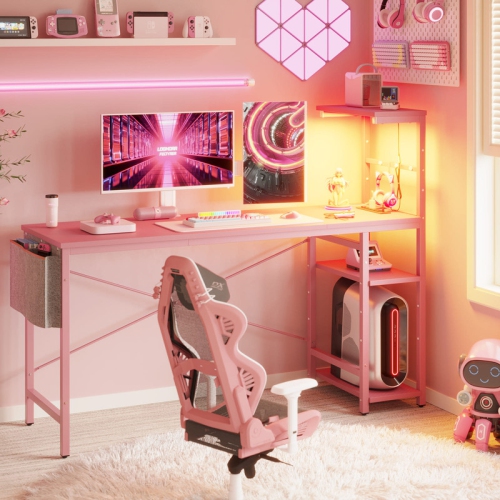 Image 1 of 8.. Bestier 61.3'' W Reversible Computer Desk, LED Gaming Desk with Power Outlet