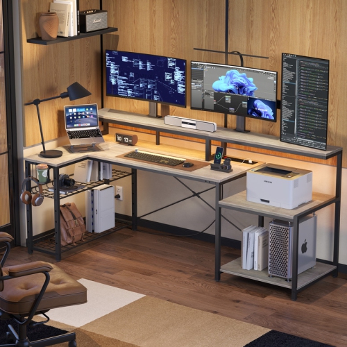 Image 1 of 9.. Bestier 71.5" W LED Gaming Desk with Power Outlet, L-Shaped Computer Desk with Monitor Stand