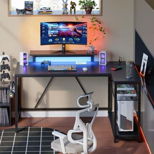 Bestier 52'' W L-Shaped Computer Desk with Power Outlet, LED Gaming Work Desk with Shelves