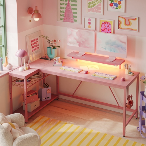 Image 1 of 8.. Bestier 58.07'' LED Gaming Desk With Power Outlet, L-shaped Computer Desk With Monitor Stand