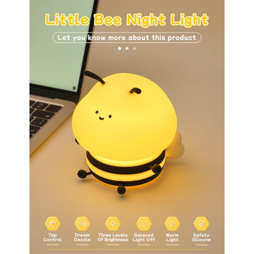 Cute Bee Night Light,Silicone LED Lamp Rechargeable Bedroom Touch Lamp,3 Level Dimmable RGB Rainbow lamp,Suitable for Nursery, Kids Bedroom Decor