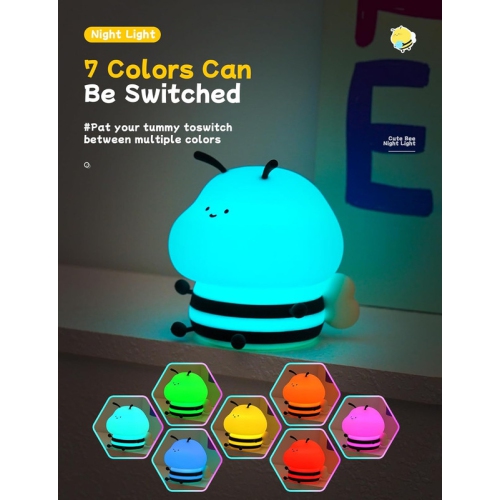 Cute Bee Night Light,Silicone LED Lamp Rechargeable Bedroom Touch Lamp,3 Level Dimmable RGB Rainbow lamp,Suitable for Nursery, Kids Bedroom Decor
