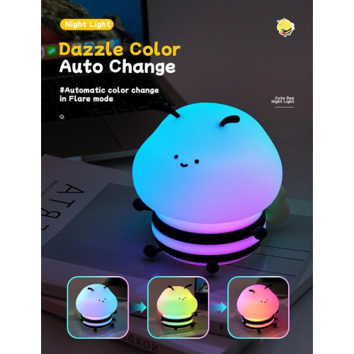 Cute Bee Night Light,Silicone LED Lamp Rechargeable Bedroom Touch Lamp,3 Level Dimmable RGB Rainbow lamp,Suitable for Nursery, Kids Bedroom Decor