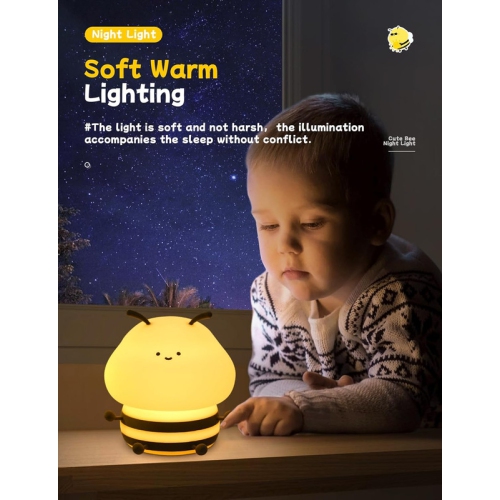 Cute Bee Night Light,Silicone LED Lamp Rechargeable Bedroom Touch Lamp,3 Level Dimmable RGB Rainbow lamp,Suitable for Nursery, Kids Bedroom Decor