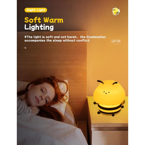 Cute Bee Night Light,Silicone LED Lamp Rechargeable Bedroom Touch Lamp,3 Level Dimmable RGB Rainbow lamp,Suitable for Nursery, Kids Bedroom Decor