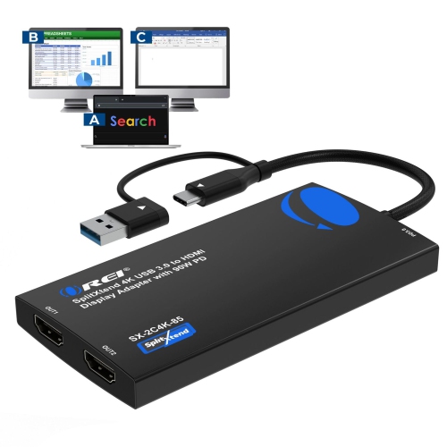 Image 1 de 9.. Adaptateur d'affichage 4K USB 3,0 à HDMI SplitXtend avec 90&nbsp;W PD d'OREI