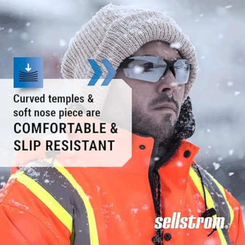 Sleek, Slip-Resistant, Anti-Fog Hard Coating Protective Eyewear Safety Glasses, Smoke Lens, Co-Molded Temples, High Impact Optical Correct Wrap Style