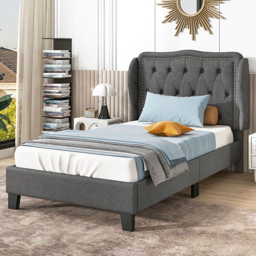 Costway Twin Size Bed Frame with Button Tufted Wingback Headboard Wooden Slats Support