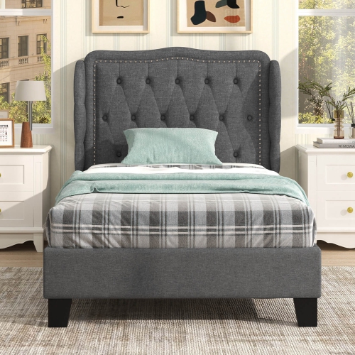 Costway Twin Size Bed Frame with Button Tufted Wingback Headboard Wooden Slats Support