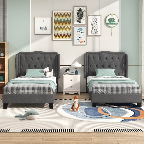 Costway Twin Size Bed Frame with Button Tufted Wingback Headboard Wooden Slats Support