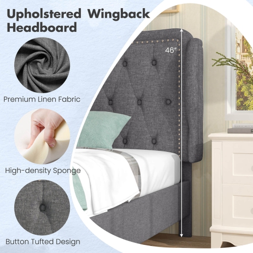 Costway Twin Size Bed Frame with Button Tufted Wingback Headboard Wooden Slats Support